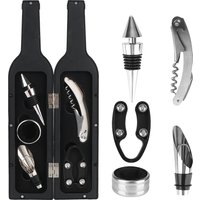 5 Pieces Bottle-Shaped Case With Drip Ring, Foil Cutter, Wine Pourer and Stopper Wine Opener Accessories Set Stainless Steel
