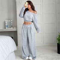 Casual One-shoulder Long-sleeved Sweatshirt Women's Suit Autumn New Fashion Elastic Waist Tie Loose Sports Trousers 2-piece Set