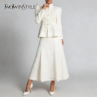 TWOTWINSTYLE Solid Temperament Two Piece Sets for Women V Neck Long Sleeves Spliced Appliques Top High Waist Skirt Set Female