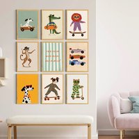 Dog Lion Bear Skateboarding Wall Art Posters Animal Nursery Canvas Painting Print Sports Theme Pictures Modern Kids Room Decor