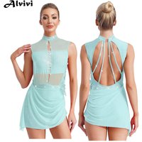 Women Figure Skating Dress Modern Lyrical Dance Gymnastics Acrobatics Clothes Sleeveless Shiny Rhinestones Mesh Leotard Tutu