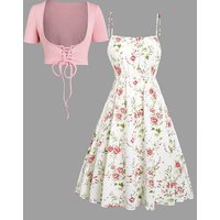 Womens Dresses Floral Print Waisted Sleeveless Cami Dress And Solid Lace Up Short Sleeve Crop Top Set 2024 New Summer Dress
