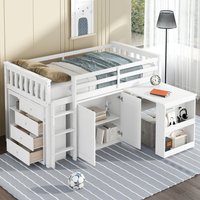 White Solid Wood Loft Bed with Desk and Drawers Modern High Sleeper Bed Frame Space Saving Study Bed for Kids Boys Girls Bedroom