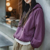 Maden Women's Oversized Half Zip Hoodie Utility Sports Sweatshirt Purple Plaid Lightweight Long Sleeve Pullover For Spring