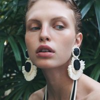 Exaggerate Black And White Dangle Earrings Bohemian Style Tribal Handmade Raffia Weave Fan-Shaped Geometry Trendy Jewelry Gift