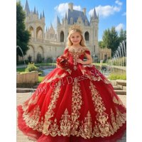 Customized Red Flower Girl Dress For Wedding Gold Appliques Floor Length Gorgeous Princess Birthday First Communion Pageant Gown