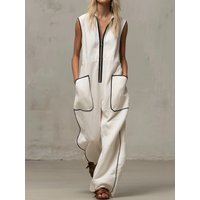 UOOZEE Women White Jumpsuits 2026 New Contrast Color Line Pockets Loose Stand Collar Zipper Casual Vacation Wide Leg Outfits