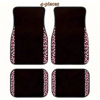 Set Of 4 Black Pink Leopard Print Car Floor Mats Non-Slip Polyester Universal Fit