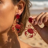 Summer Full Rhinestone Crab Earrings for Women Red Crystal Zircon Cute Sea Animal Drop Earring Beach Vacation Statement Jewelry