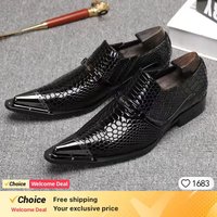 Metal Pointed Toe Genuine Leather Men's Shoes Luxury Black Mixed Colors Loafers Wedding Banquet Party Social Dress Shoes