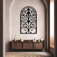 1pc Gothic Arch Metal Wall Art, Ornate Baroque Iron Window Decor, Intricate Scrollwork Floral Privacy Screen
