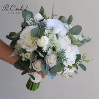 PEORCHID White Sage Green Bridal Flowers Wedding Bride Bouquet Real Touch Rose Peony Eucalyptus Boho Bridesmaid Bouquet