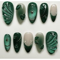 24Pcs 3D Green Ripple Design Almond False Nails Cat's Eye French Fake Nail Tips Leaves Pattern Removable Oval Press On Nails