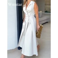 Wmstar Women's 2024 Summer Dresses Elegant Party Solid Color Lapel Fold Long Sleeveless Elegant Dress Wholesale Dropshipping