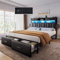 Bedroom bed frame with storage drawer LED light ambient light charging port soft bag backrest bed frame