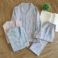 2026 Spring and Autumn Women's Pajama Set 100% Cotton Gauze Retro Color Knitted Long Sleeve Two Piece Set Large Home Clothes