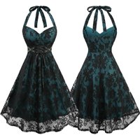 ROSEGAL Plus Size Floral Lace Halter Dress Grommets Lace-Up Vintage Sleeveless Spring Summer Women's Dresses Vestidos