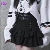 Japanese Punk High Waist Ruffle Mini Skirt Women Designer Double Buckle Strap Layered Cake Skirt Harajuku Retro Streetwear New