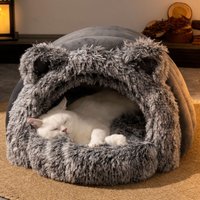 Winter Warm Pet House Plush Hooded Cat Bed for Indoor Kittens Or Small Dogs (M)