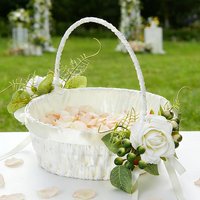 White Wedding Flower Girl Basket with Artificial Rose Green Berry for Wedding Ceremony Bridal Party Decor