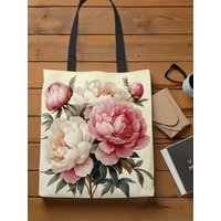 1pc, Peonies Pattern Tote Bags for Travel Daily Commuting, Women's Shopping Bag, Trendy Folding Shoulder Bag
