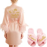 Personalized Feather Bathrobe for Women with Name And Date - Bride Bridesmaid Robe for Birthday Party Gown Mis XV Celebration