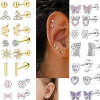 8 Pair/Set Gold Round Flower Stud Earrings Stainless Steel Zircon Fashion Women Tragus Cartilage Ear Piercing Jewelry