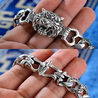 925 Silver Unique Chinese Style Bangles Domineering Thick Chain Tiger Head Charm Bracelet for Men Manly Banquet Jewelry