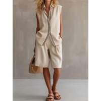 Fashion Color Blocked Women's Two-piece Set Summer Lapel Sleeveless Loose Linen Shirt Half Pants Ladies Casual Office Outfit