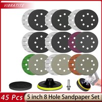 45PCS 5 Inch 8 Hole Wet Dry Sanding Discs Kit Hook and Loop Sandpaper with Backing Pad M10 for Orbital Sander Car Wood Metal
