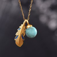 Ancient gold craftsmanship inlaid turquoise bead feather pendant necklace simple romantic lady clavicle chain jewelry gift