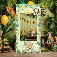 1pc, 2D flat, jungle animal themed birthday photo backdrop with crown and monkey decorations, celebration decoration, wsj