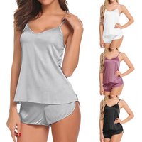 Women Sexy Ice Silky Pajamas Nightclothes Sleepwear Camisole And Shorts White Black Gray L XL XXL Comfortable Casual Summer