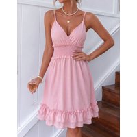 Flowy Pink Ruffled Dress—A Sleeveless, V-Neck Mini Dress Perfect for Beach Vacations and Everyday Wear