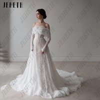 JEHETH Lvory Lace 2025 New Wedding Dresses Off The Shoulder Full Sleeves Bridal Gowns Women Sweep Train Bride Dresses Customized