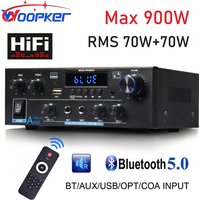 Woopker Amplifier AK55 900W Max 2.0 Channel Rated 70W+70W Bluetooth Audio Hifi AMP Karaoke Music Player Support 110V 220V 12V
