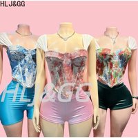 HLJ&GG Sexy Vintage Oil Flowers Corset Two Piece Sets Women Off Shoulder Backless Top And Shorts Outfits Fashion Y2K Streetwear