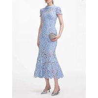 Spring Summer New Style Thin Mist Blue High Collar Short Sleeve Water Soluble Lace Dress Bodycon Fish Tail Lace Skirt
