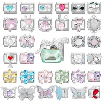 New Shiny Square Zircon Bows Round Butterfly Star Italian Charm Links Fit 9MM Stainless Steel Bracelet Girls' DIY Making Gifts