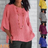Plus Size Cotton Blouse Shirts Summer O-Neck Three Quarter Loose Casual Blouse Tops Summer Cothes For Women Streetwear