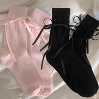 Lolita Long Socks Women Bandage Ribbon Bow Sweet Girls Kawaii Cute Middle Tube Socks Ballet Style Solid Color Black White Socks