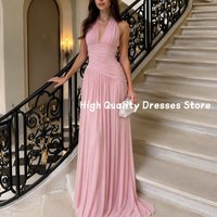 Prom Dresses New Soft Pink Sheer Mesh Halter V Neck Ruched Dress Floor Length Garden Engagement Gala Outfit Customized