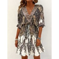 Vintage Ethnic Paisley Print Boho Dress Women Deep V Neck Kimono Sleeve Tie Waist Flowy Ruffle Mini Dress Summer Holiday Beach B