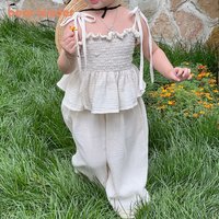 Bear Leader Korean Children Kids Clothing Set Girls Summer Organic Cotton Camisole Top Lace Wide Leg Pants Trousers Outfits
