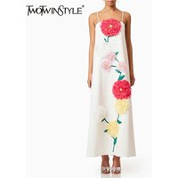 TWOTWINSTYLE Hit Color Spliced Appliques Slimming Dresses For Women Square Neck Sleeveless High Waist Temperament Dress Female