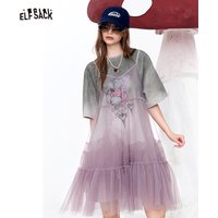 ELFSACK Sweet Cool Mesh Layered Dress, Sparkle Tulle A-Line Mini Dress, Casual Layered T-Shirt Dress for Women