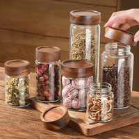 High Borosilicate Glass With Lids Storage Tank Acacia Wood Miscellaneous Grain Sealed Can Storage Pots Split Bottle Spice Jars