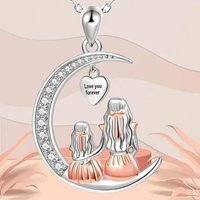 Mom Daughter Family Necklace Love You Forever Silver Color Heart Moon Pendant Zircon Necklaces Women Jewelry Mother's Day Gift