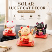 Solar Maneki Neko Lucky Cat Decor, Automatic Waving Paw Car Dashboard Ornament for Desk Shop Counter Opening Gift Cute Figure