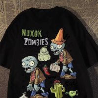 Y2K High Street Plants Vs Zombies Animated Pattern Printed Couple Round Neck Short Sleeved Retro Gothic Punk Loose T-shirt